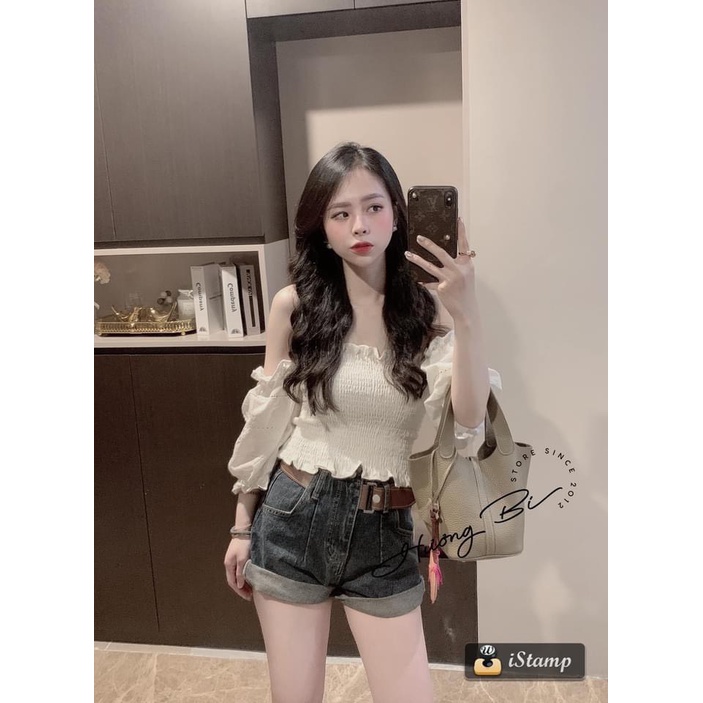 Áo trễ vai kiểu A.313, Áo kiểu ống chun ngực croptop tay bồng họa tiết mặc được 2 kiểu ngọt ngào - Thời trang nữ Chấm Bi