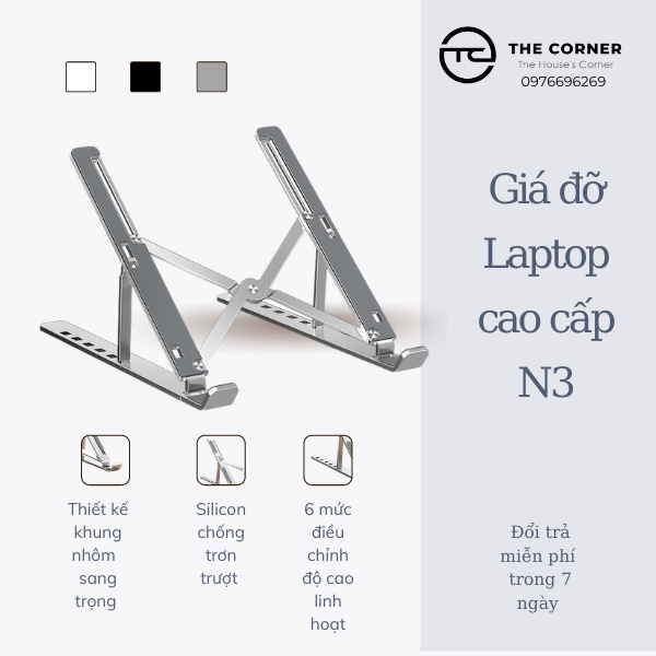 Giá đỡ laptop nhôm cao cấp, kệ đỡ laptop hỗ trợ tản nhiệt gấp gọn chỉnh độ cao để laptop ipad macbook surface N3