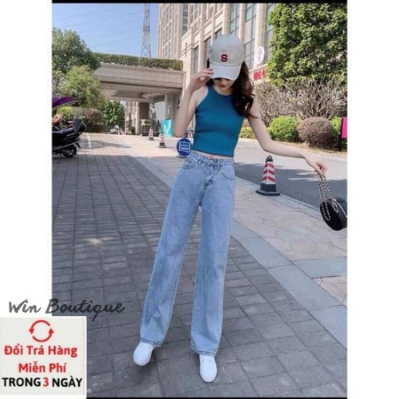 Quần jean bò ống rộng nâu quần jean bò ống suông jeans nữ cạp cao 1 khuy Hottrend 2021Win Boutique