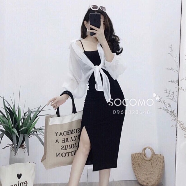 Set Váy hai dây xẻ đùi mix Áo sơ mi buộc vạt⚡ảnh thật