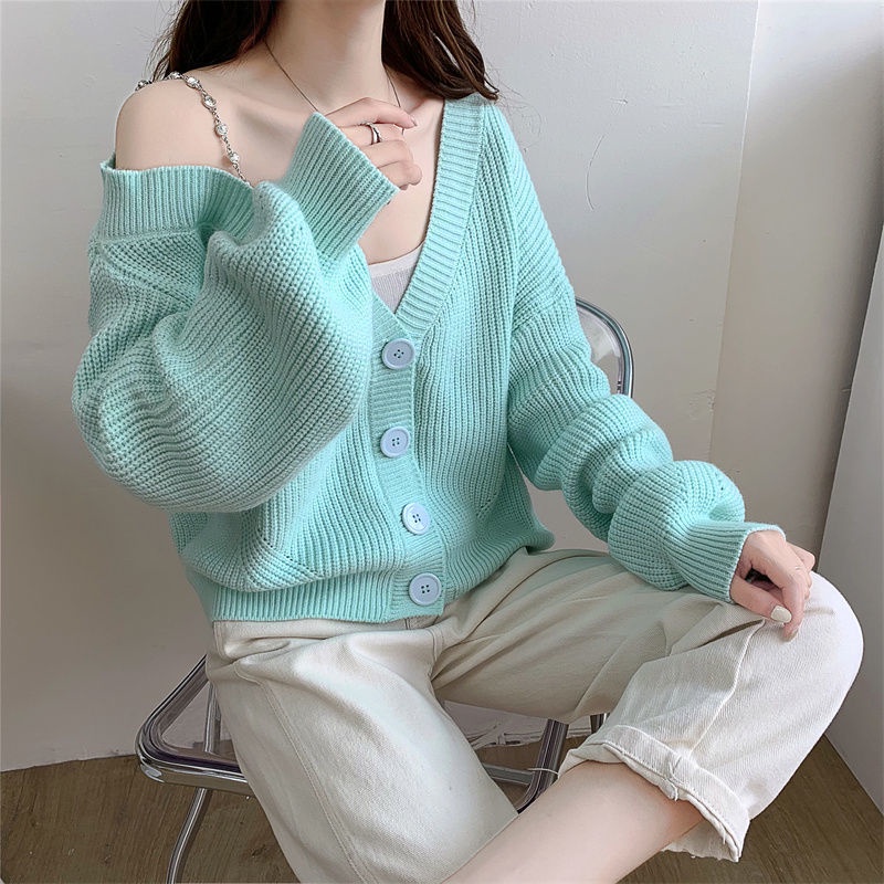 Áo khoác cardigan dệt kim cổ chữ V phối nút thời trang cho nữ