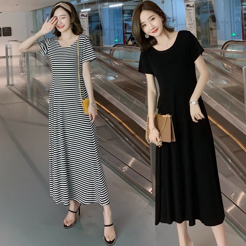 váy cotton dáng dài mềm mại cho bà bầu( hàng quảng châu)sẵn đen m,l,2xl