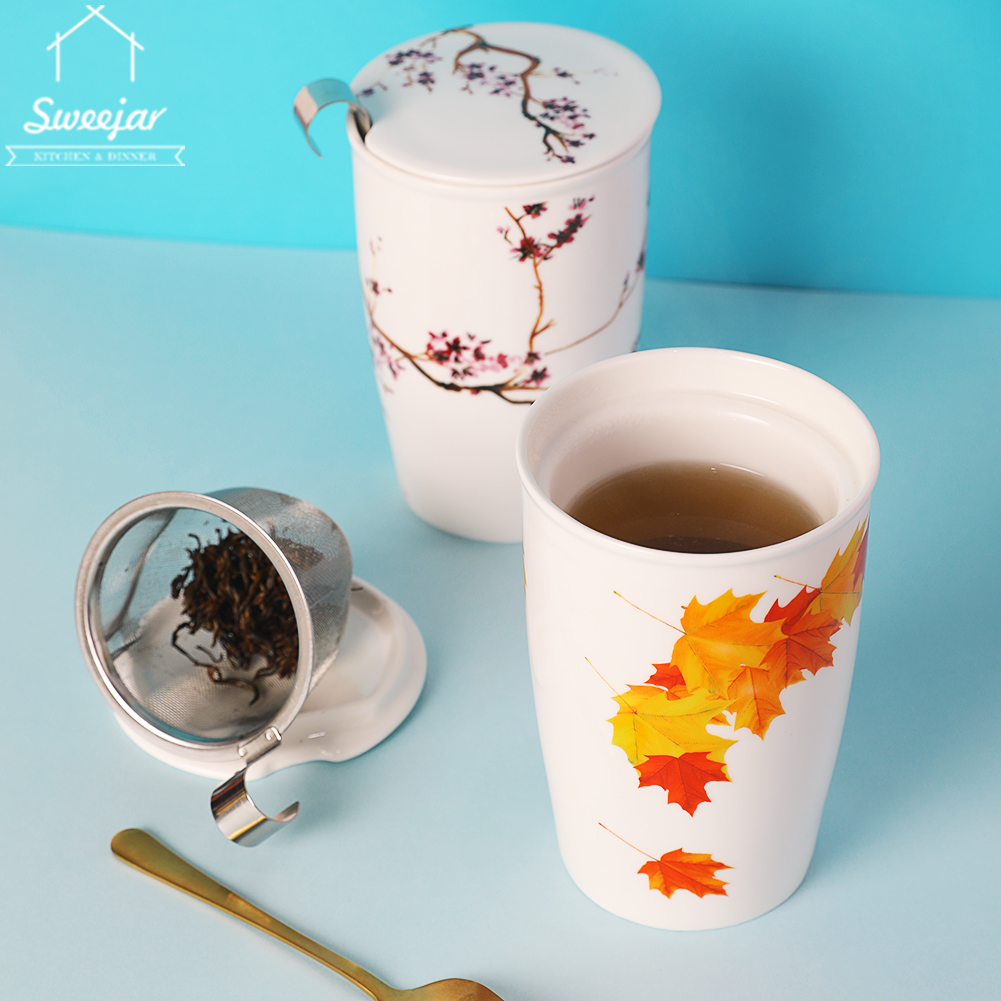 Cốc SWEEJAR lọc trà cà phê hai lớp bằng gốm và thép không gỉ có nắp bền bỉ tiện lợi cho văn phòng