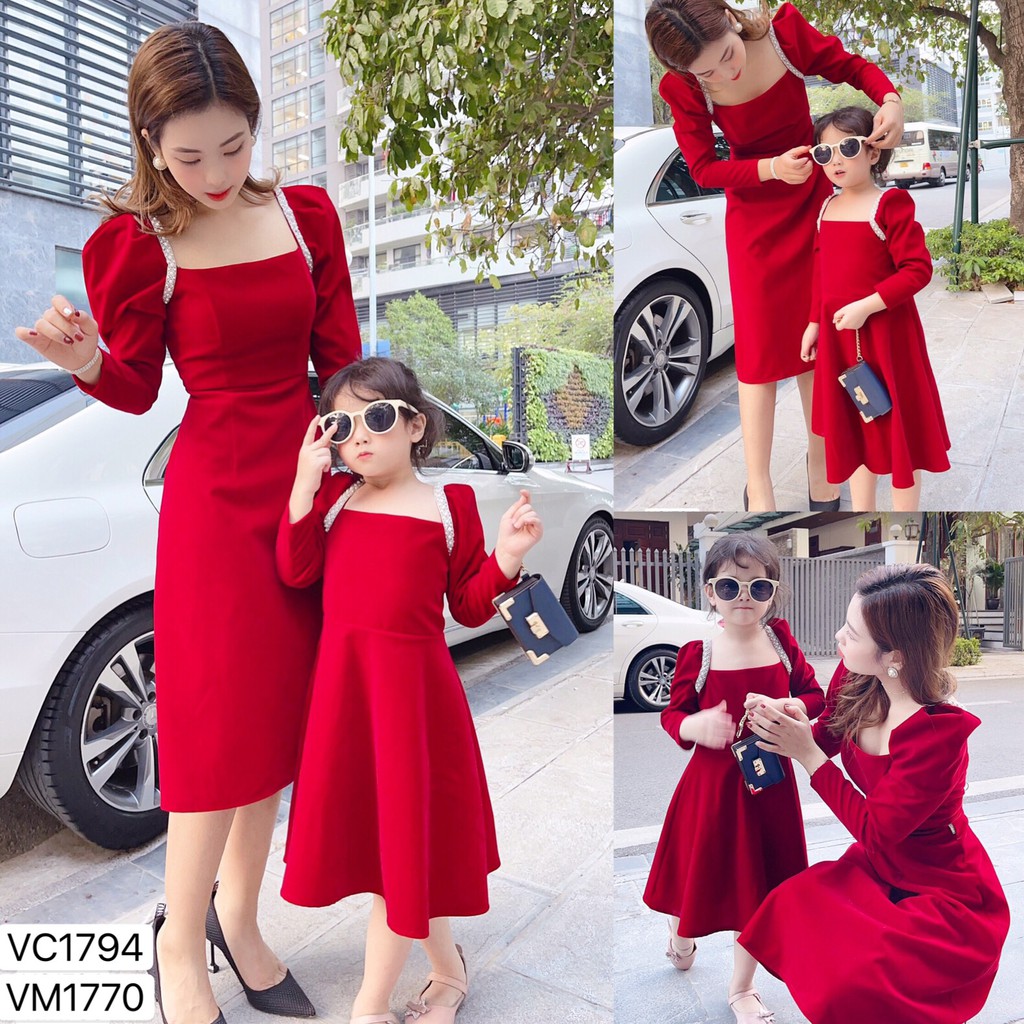 Váy nhung đỏ viền ngọc bé gái V1794 - Đẹp Shop DVC - Kèm ảnh thật trải sàn do shop tự chụp 💝