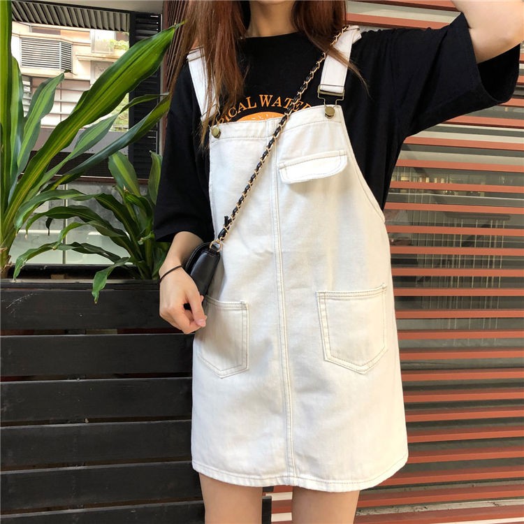 Váy Yếm Denim Ngắn Phong Cách Retro Hàn Quốc Cho Nữ