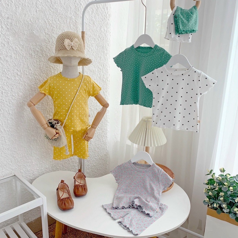 Bộ thun cotton cộc mùa hè cho bé gái, bộ phông mặc nhà trẻ em họa tiết chấm bi vàng, xanh, ghi, trắng mềm mịn, mát mẻ