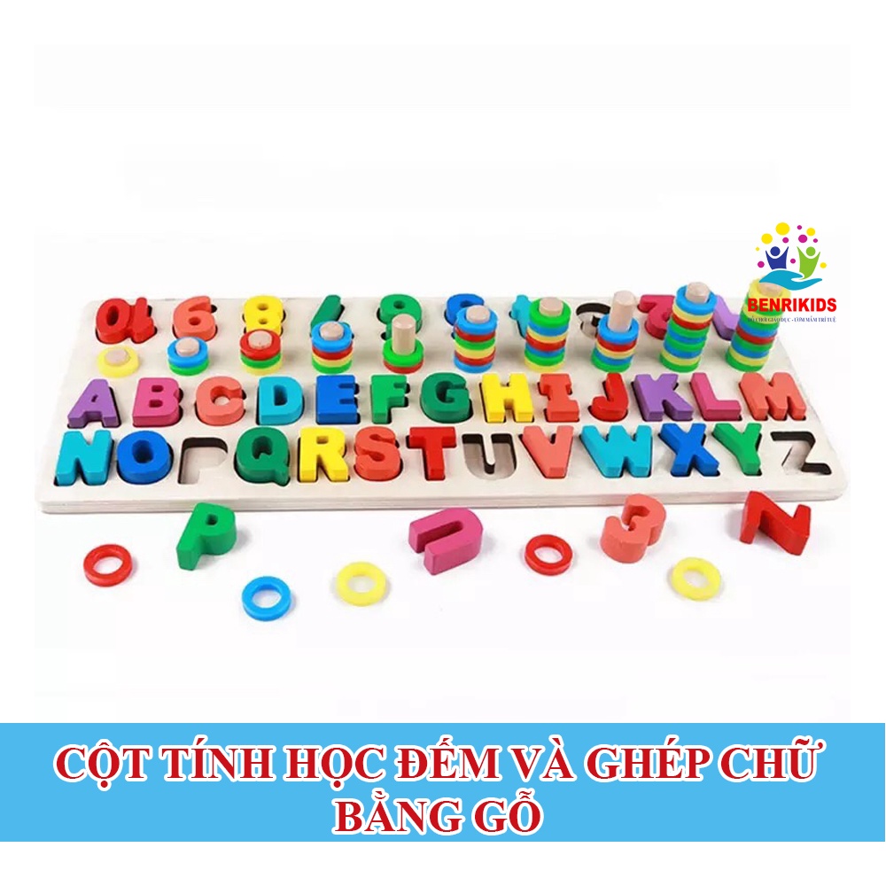 Đồ Chơi Montessori Cột Tính cho bé học tiếng Việt tiếng Anh học số học hình chức năng 3 trong 1