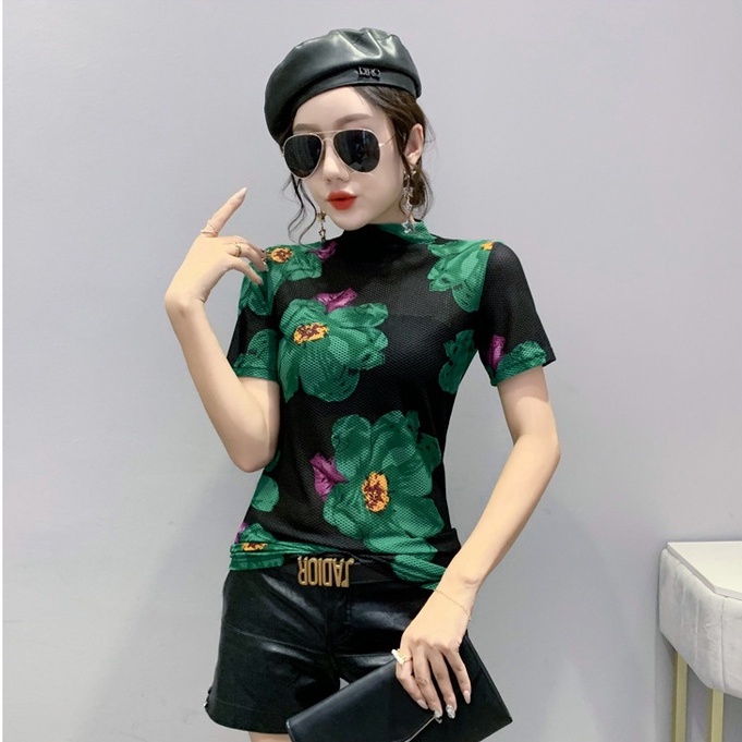 Áo lưới nữ áo thun tay ngắn nữ Cổ Cao Dáng Ôm In Họa Tiết Thời Trang