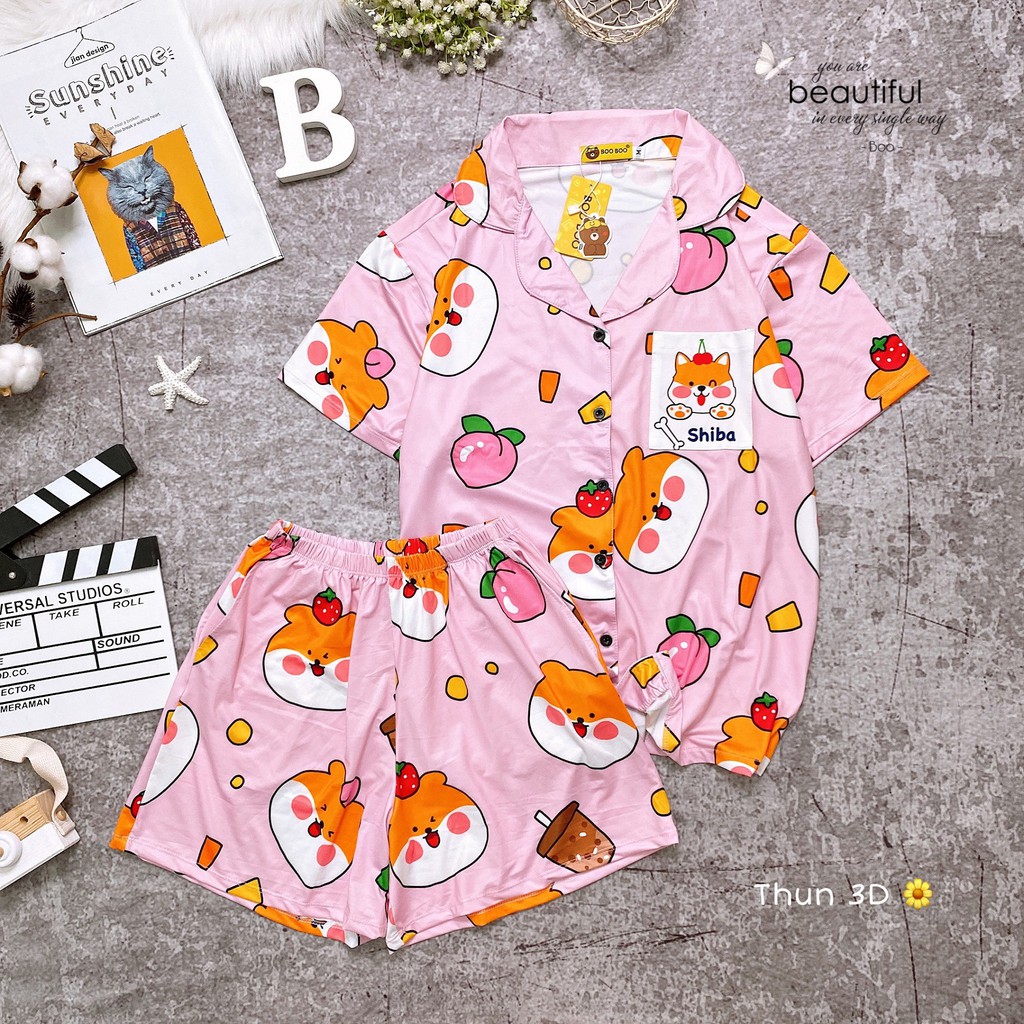 Đồ Bộ Pijama Thun đùi họa tiết dễ thương (Cổ sơ mi)