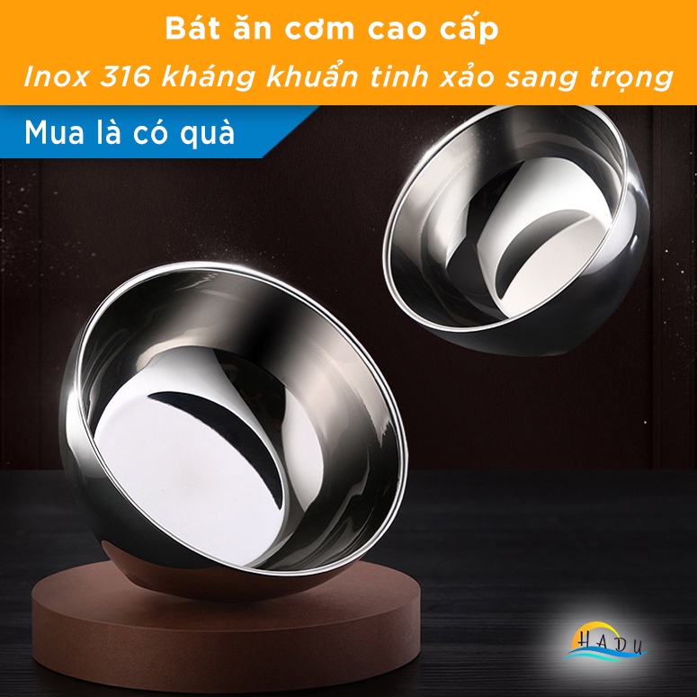 Bát inox 2 lớp cách nhiệt kháng khuẩn chống bỏng tay chén inox 316 ăn cơm cong mềm mại thanh lịch sang trọng HADU