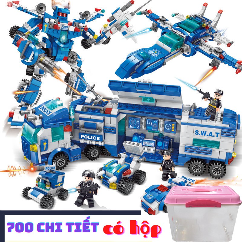 [700 chi tiết] Đồ chơi lego lắp ráp lego xe cảnh sát s.w.a.t và mô hình lắp ghép lego robot xanh dương