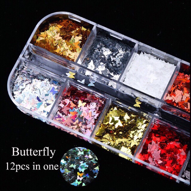 Set phụ kiện bướm ẩn bột/gel 12 màu