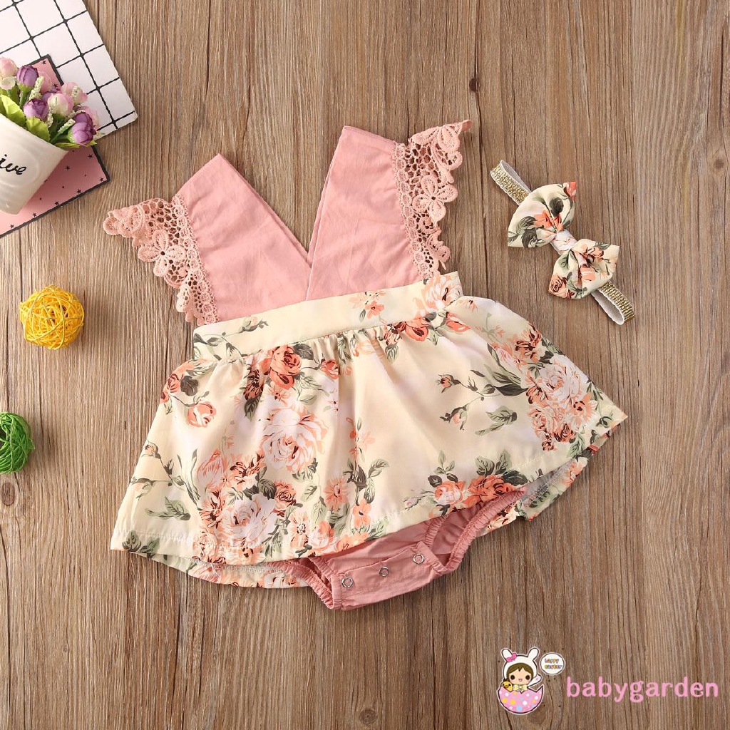 Jumpsuit Ren Hoa Tay Cánh Tiên + Băng Buộc Đầu Cho Bé Gái