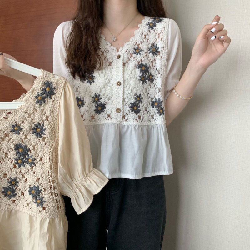 Brroa Áo Kiểu Chiffon Tay Lỡ Cổ Chữ V Phối Ren Thêu Hoa Cúc Thời Trang Cho Nữ
