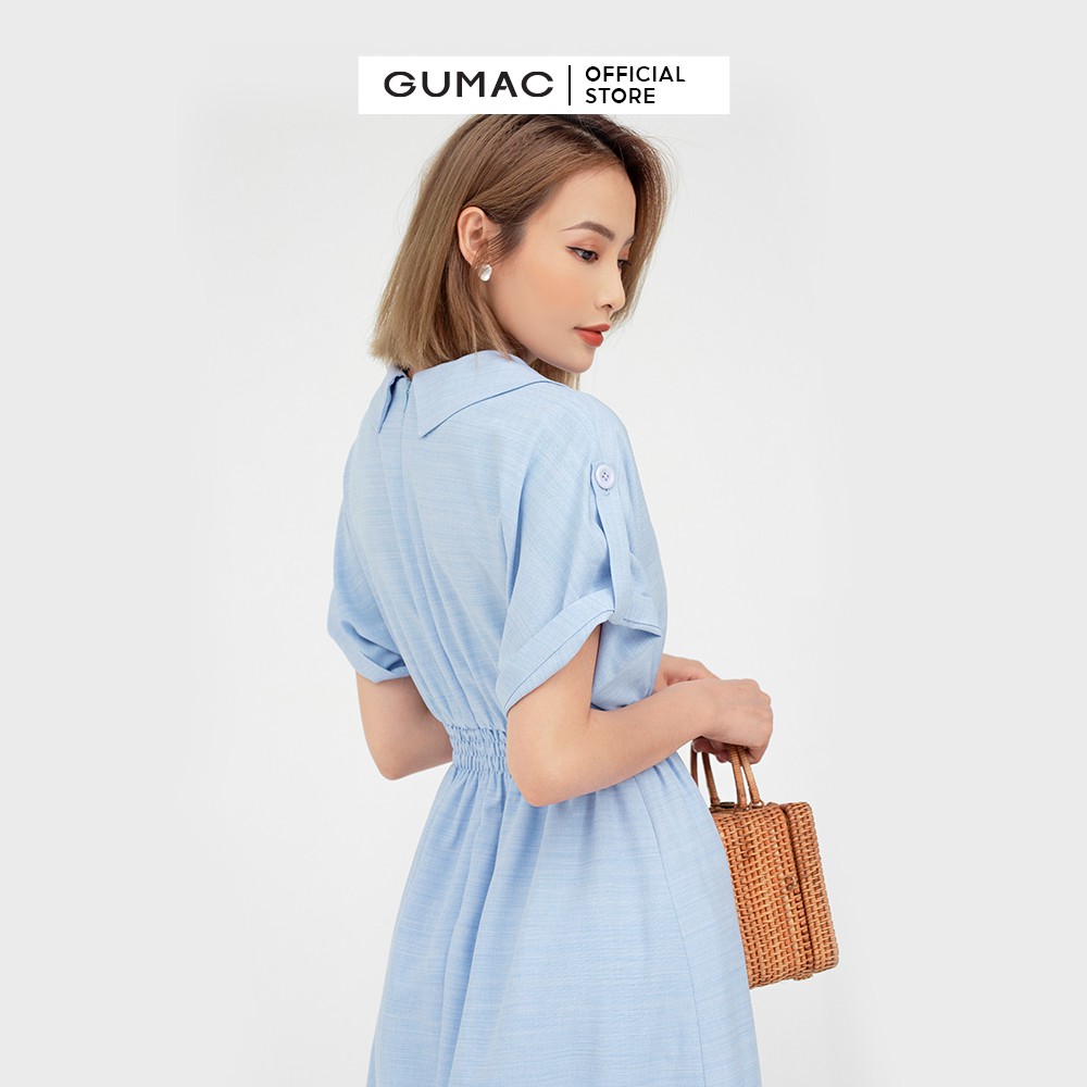[Mã MABR07062 giảm 8% tối đa 50K đơn từ 249K] Đầm nữ thiết kế eo chun cổ lật GUMAC màu xanh DB572 | BigBuy360 - bigbuy360.vn