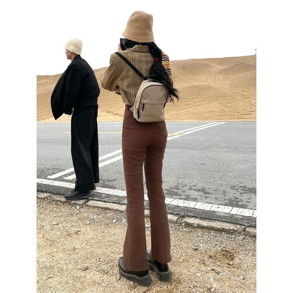 Quần jean nữ lưng cao ống loe màu nâu đen kiểu dáng hot trend phong cách retro Hàn Quốc loại 1 đủ size