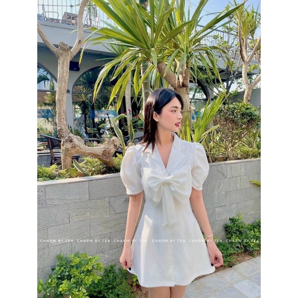 [Shop bigsize nữ 50kg đến 90kg] Đầm cổ vest đính nơ form ngắn