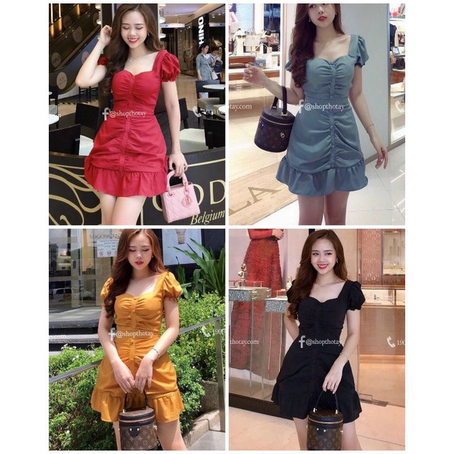 TSL-ảnh thật Đầm xếp ly đính nút siêu xinh cổ v tay ngắn phồng đuôi cá nhún bèo đỏ, đen xanh vàng hồng
