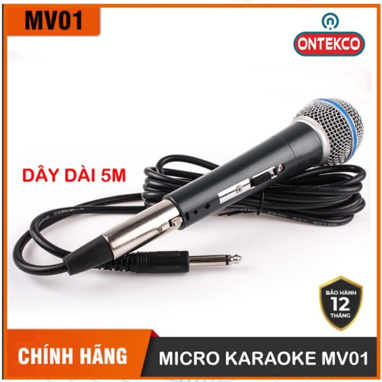 Micro hát karaoke ONTEKCO MV01 PLUS dây dài 5M, tay cầm thép chắc chắn, phù hợp các loại loa kéo, amply