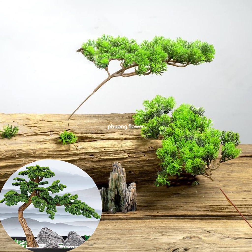 Cành tùng giả cành thông lá kim bằng nhựa cành bách xanh cụm lá la hán làm cây bonsai decor tiểu cảnh sân vườn giống100%