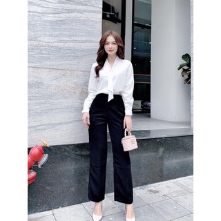 ANU416 - ÁO SƠ MI NỮ LỤA CỔ NƠ ĐÍNH KHUYÊN