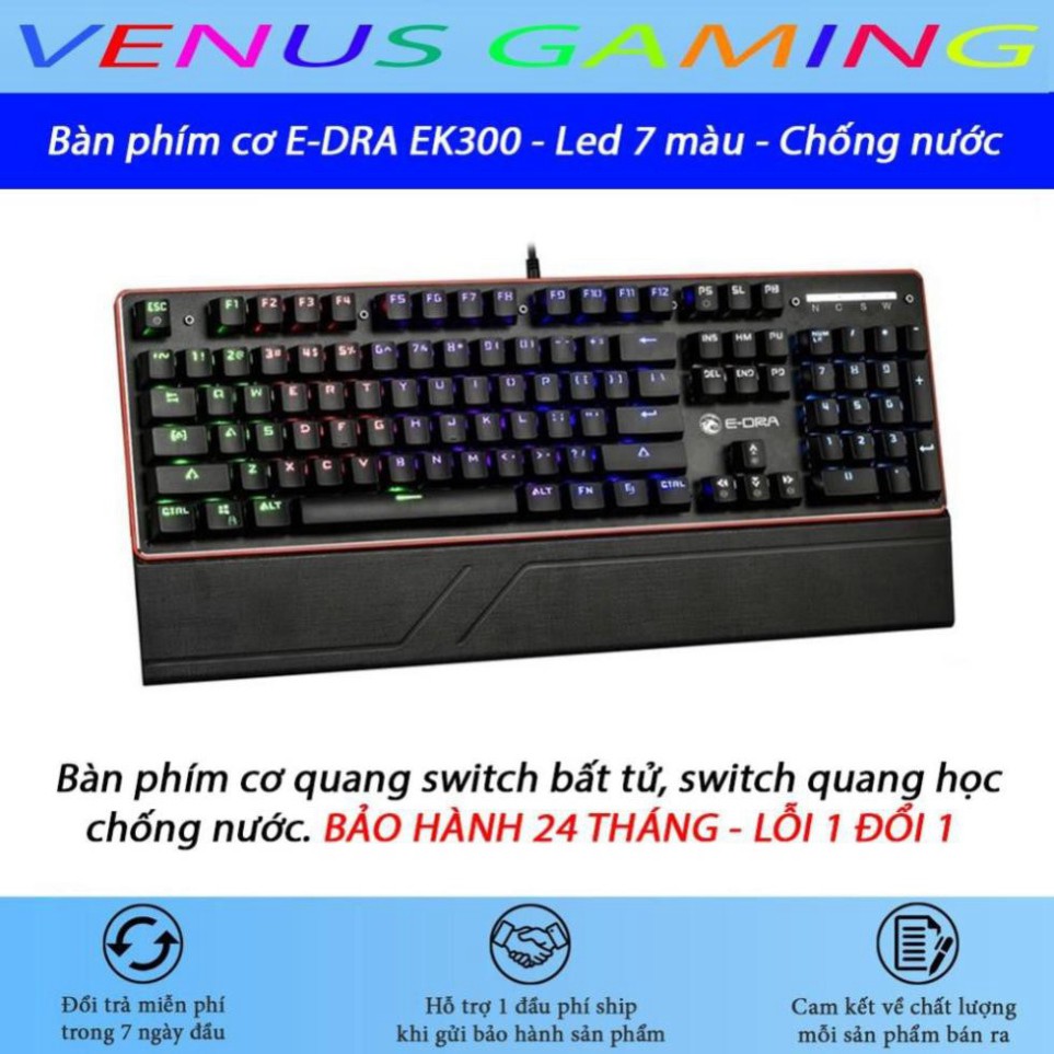 Bàn phím cơ E-DRA EK300 - Blue switch - Chống nước tuyệt đối - Có kê tay - Led 7 màu - BH 24 tháng