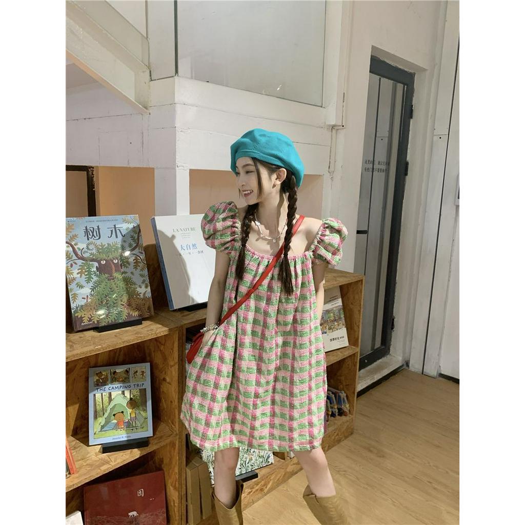 Đầm Tay Ngắn Cổ Vuông Họa Tiết Sọc Caro Phong Cách Hàn Quốc Thời Trang Cho Nữ