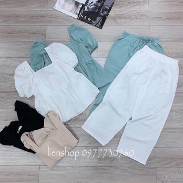 Bộ quần áo nữ cổ vuông chất đũi kiểu hàn