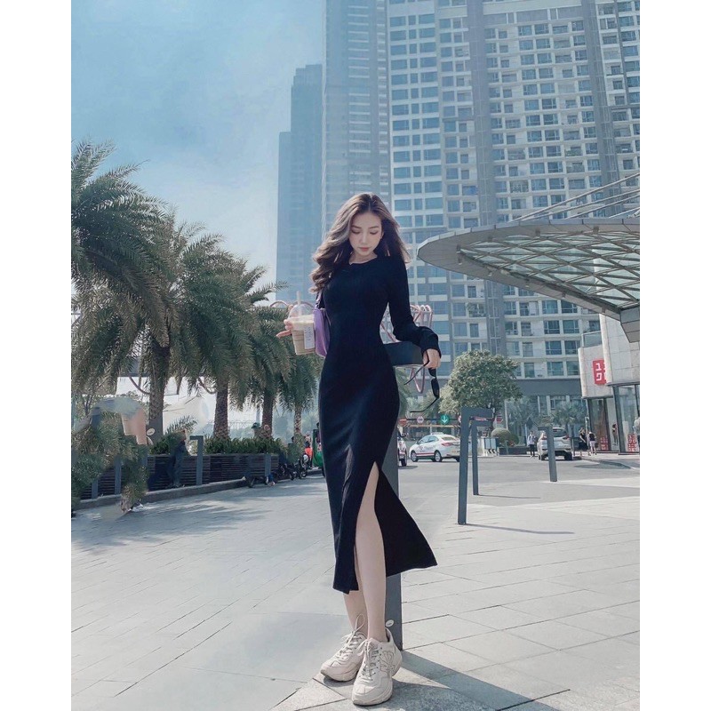 Đầm Body Tay Dài Xẻ Tà Cổ Tròn Dáng Ôm Chất Borip  Sexy Dáng Dài Qua Gối Mati House  - YD18629ât