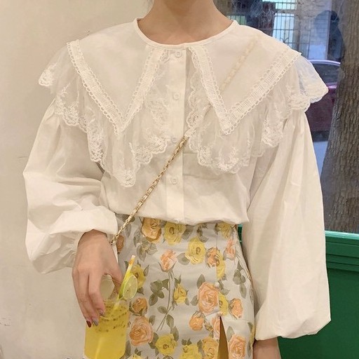 [Mã FAMAYWA giảm 10K đơn 50K] Áo Sơ Mi Cổ Ren Bèo 2 Tầng Tay Bồng Cực Xinh Freesize - A.143 | BigBuy360 - bigbuy360.vn