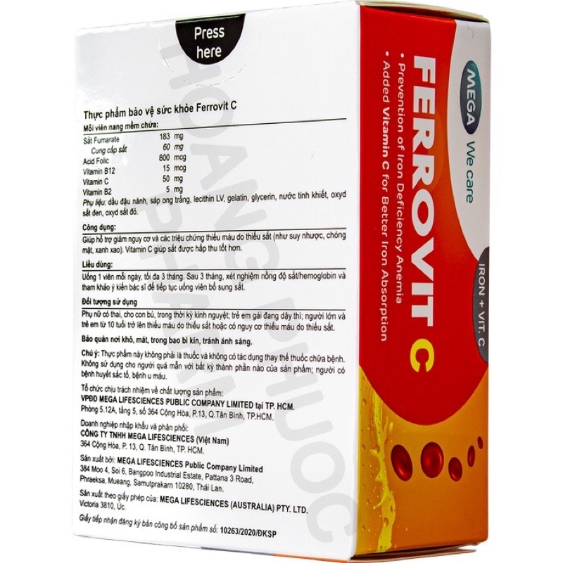 Ferrovit C giúp hỗ trợ giảm nguy cơ & các triệu chứng thiếu máu do thiếu sắt(sắt, acid folic, vitamin b12, vitamin C, b2