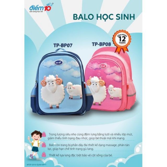 [THANH LÝ] Balo học sinh điểm 10 Thiên Long Tp-Bp07, cặp sách hình cừu