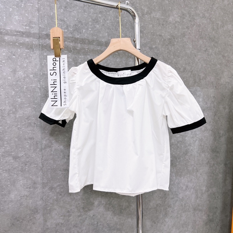 Áo thô viền dáng suông babydoll đẹp, Áo kiểu tay bồng cổ tròn viền AK1382 - NhiNhi Shop