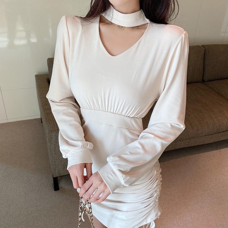 Đầm ôm tay dài màu sắc cổ điển phong cách thời trang Hàn Quốc cho nữ