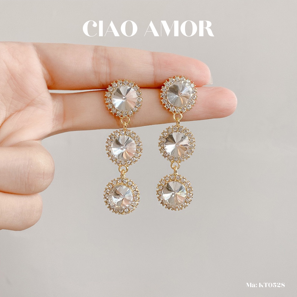 KT0528-Khuyên tai nữ, Bông tai dài 3 hạt đính đá lấp lánh dự tiệc Trang sức Ciao Amor