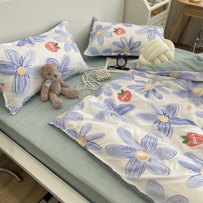 Bộ chăn ga gối Cotton poly M2T BEDDING gồm vỏ chăn mền, drap ga giường và 2 vỏ gối nằm - PL hoa xanh mới