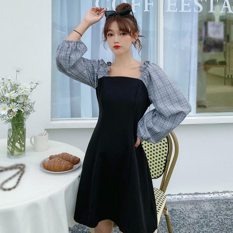 Đầm tay phồng dài phong cách retro Hàn Quốc cho nữ