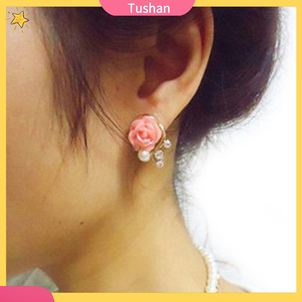 Bông tai hình hoa hồng đính kim cương và ngọc trai giả phong cách Hàn Quốc ngọt ngào cho nữ