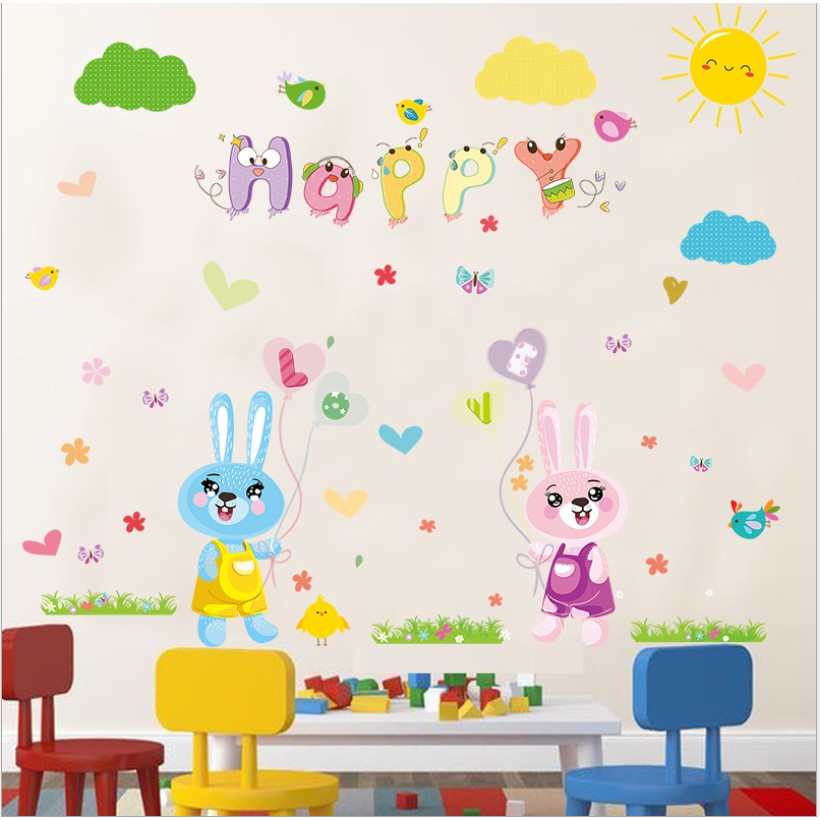 Decal dán tường - Thỏ sắc màu vui nhộn