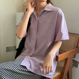 Áo Sơ Mi Nữ Tay Ngắn Cổ Chữ V Màu Trơn Đơn Giản 33659