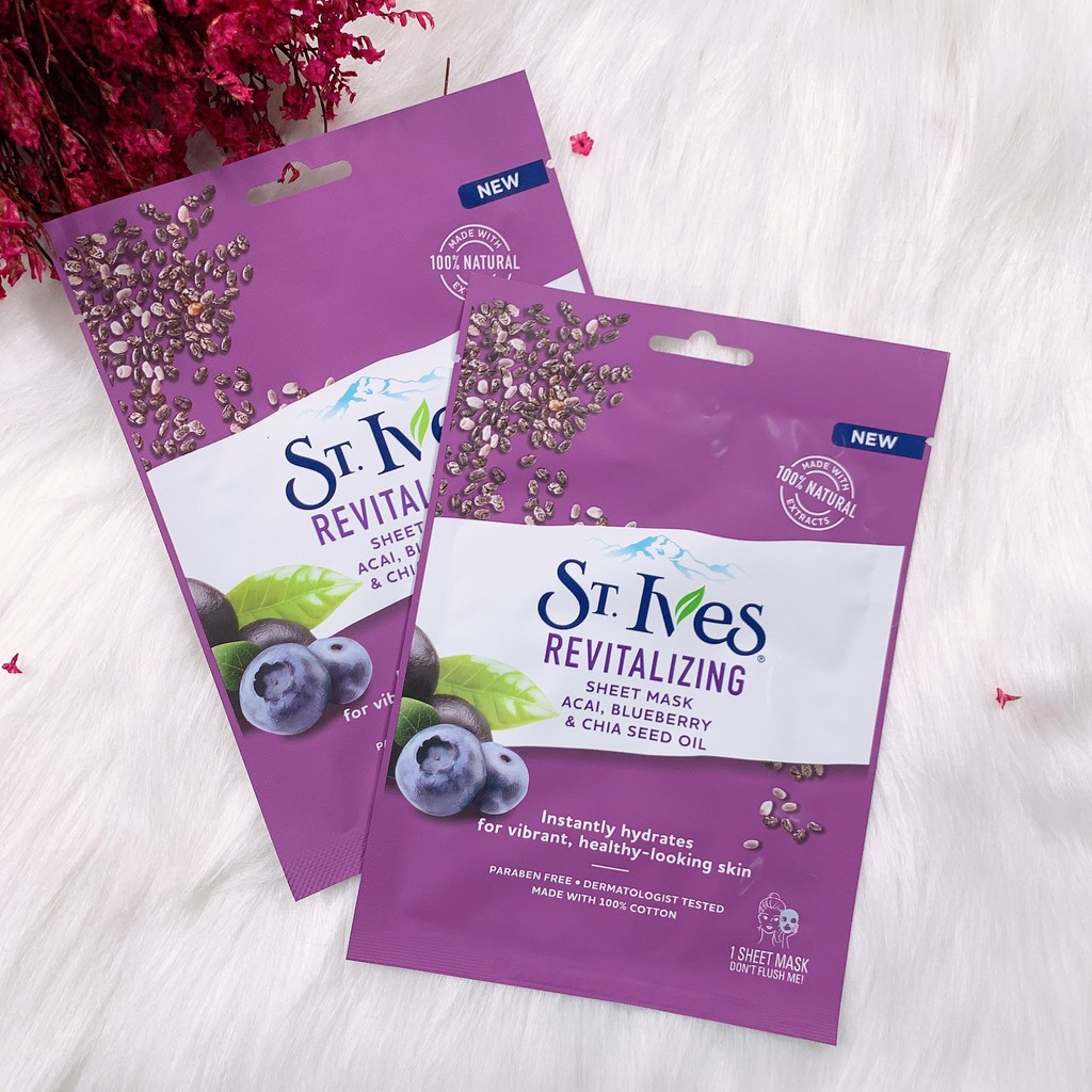 Mặt Nạ dưỡng da St.Ives Cấp Ẩm Việt Quất, Quả Acai, Hạt Chia 25ml Revitalizing Sheet Mask Acai, Blueberry, Chia Seed Oil