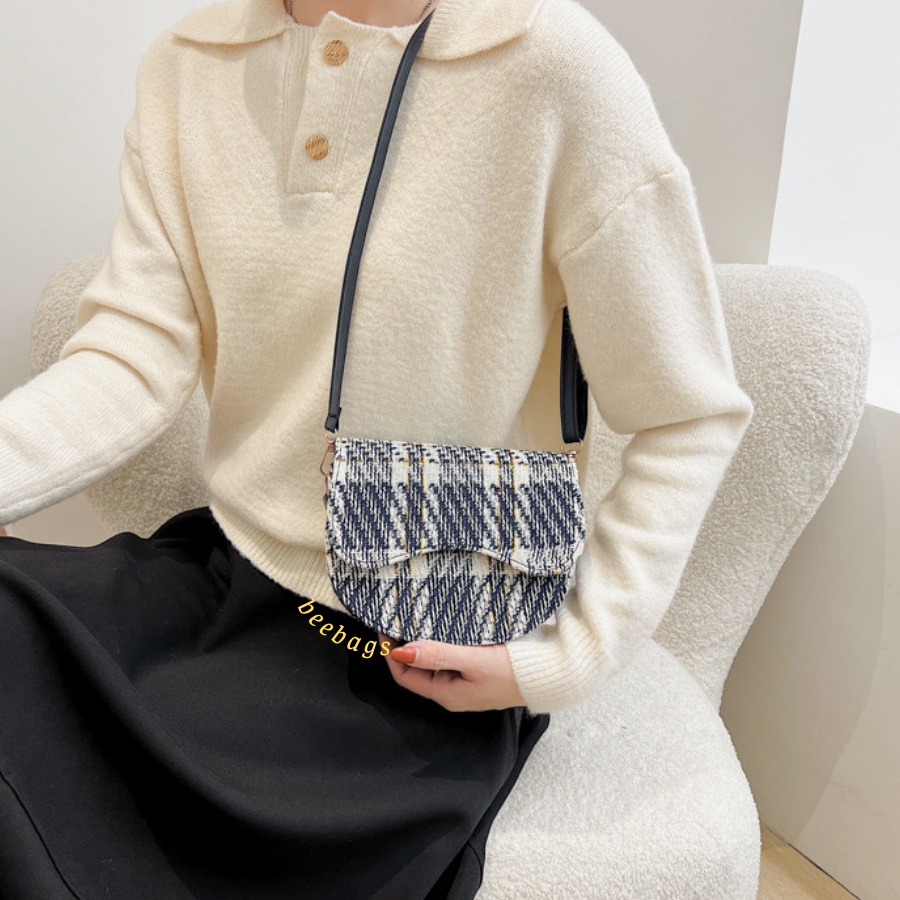 Túi Xách Kẻ Dạ Hình Tròn Basic Màu Đen, Xanh Than Dễ Phối Đồ Đi Chơi | TX16 | Túi Nữ Thiết Kế Dạ Đựng Vừa Điện Thoại