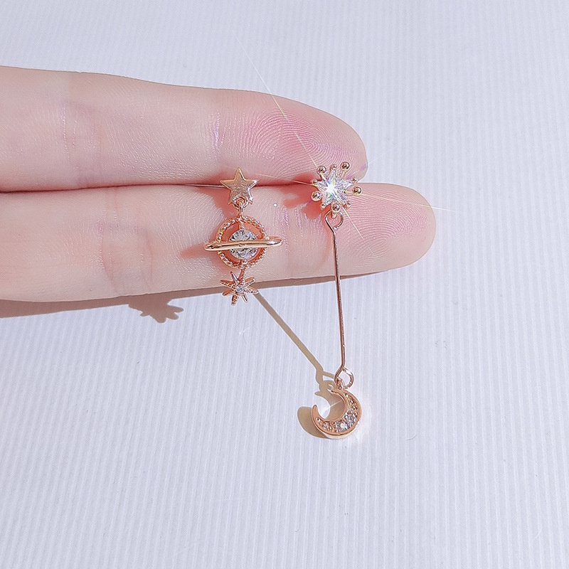 [Jiudolan] Bông Tai Mạ Vàng 18K Đính Đá Zircon Mặt Trăng Ngôi Sao Thanh Lịch
