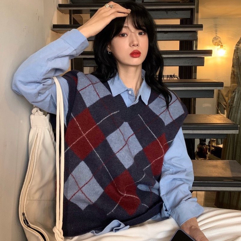 Áo len nữ không tay cổ chữ V họa tiết kẻ ô xinh xắn sành điệu