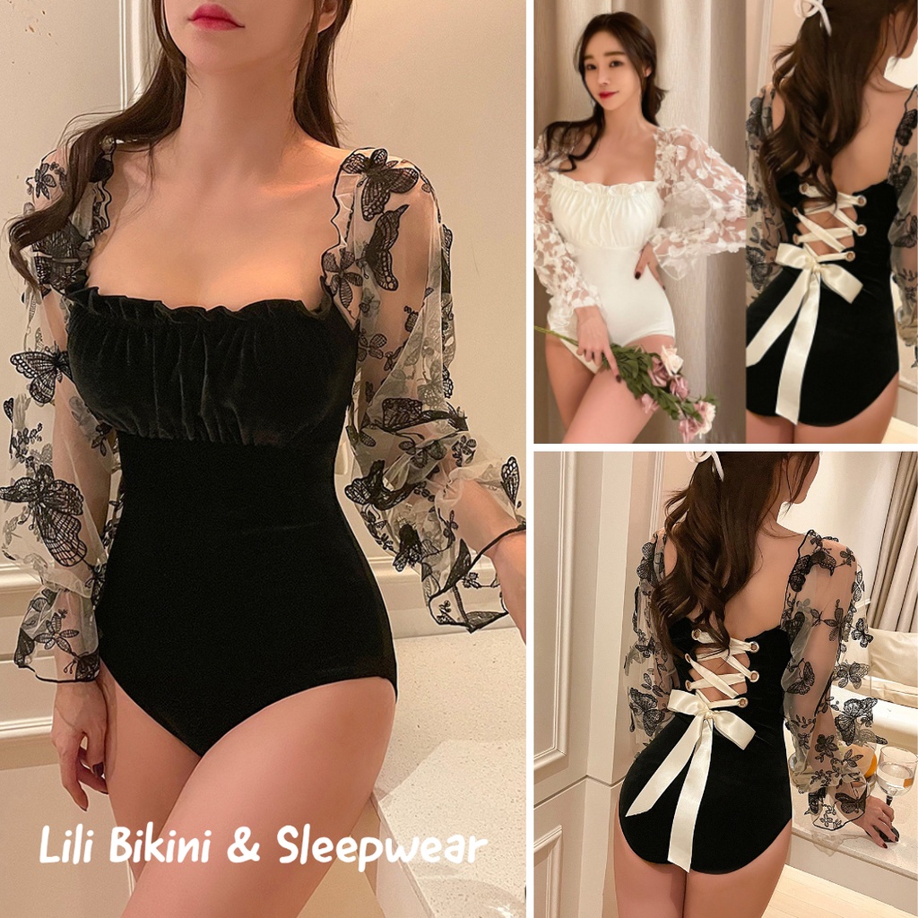 Mẫu mới 2023 Bikini Hàn Quốc đen một mảnh tay bồng đính hoa bướm cột dây lưng tiểu thư sang chảnh, đồ bơi