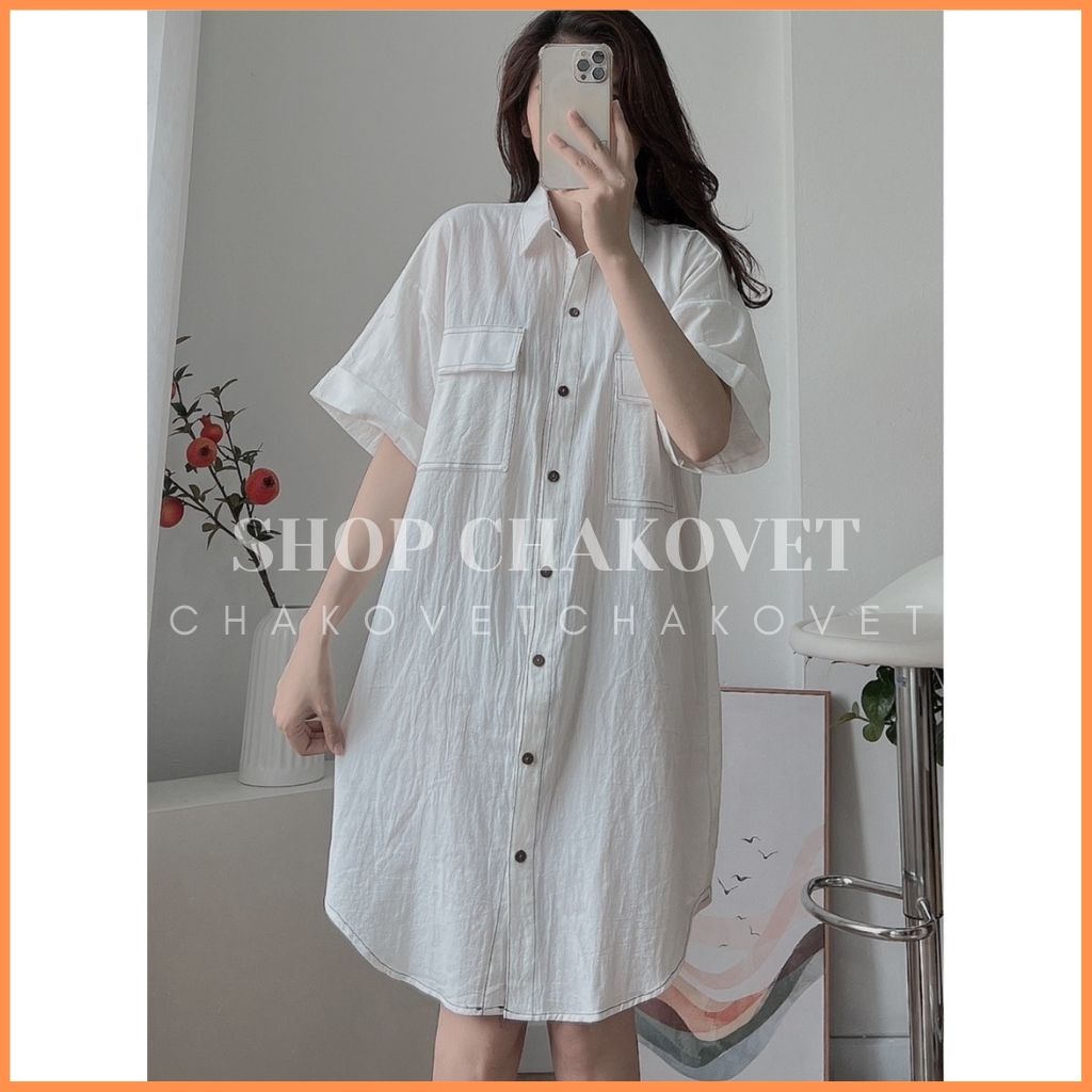Váy sơ mi nữ dáng ulzzang cộc tay 2 túi V.8292 kiểu đầm vintage dáng suông trơn cúc gỗ viền chỉ nổi cực xinh đẹp