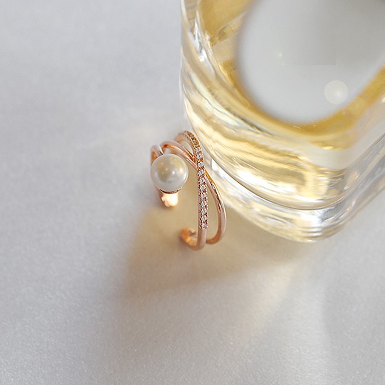 Nhẫn dạng mở Etrendy gắn ngọc trai nhân tạo và zircon thiết kế chéo xinh xắn hợp thời trang cho nữ