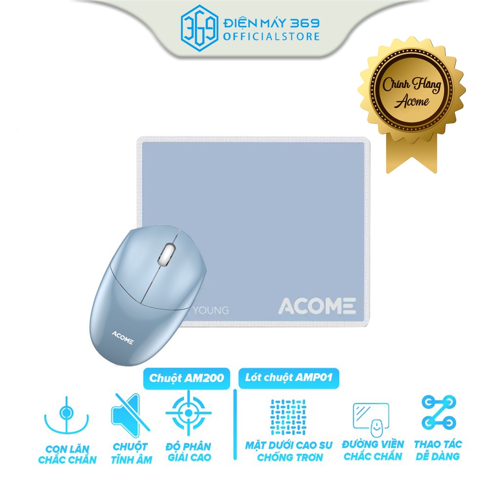 COMBO Chuột Không Dây ACOME Và tấm lót Chuột ACOME AMP01,Di chuyển mượt mà, chuẩn xác, Đế cao su chống trượt, nhỏ gọn
