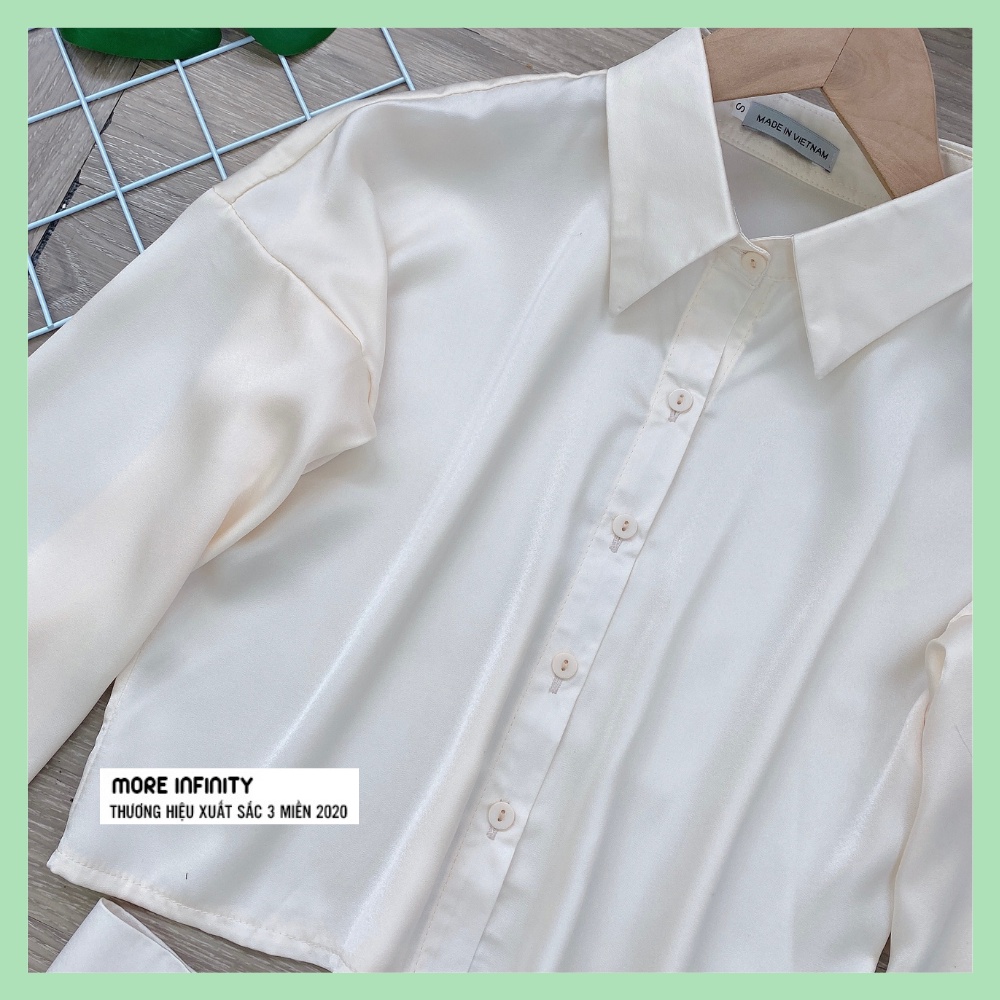 Áo sơ mi nữ lụa croptop be tay xòe, chân váy ngắn xòe phối nơ eo - Design by MFF - S06