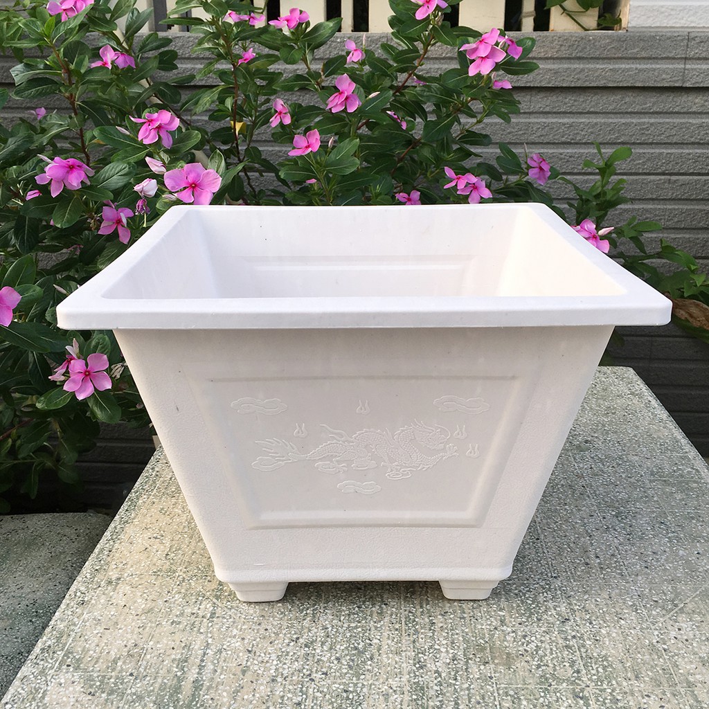 Bộ 02 chậu nhựa trồng hoa vuông trắng đẹp 30x22x18cm